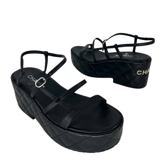 Chanel 2023 Calfskin Quilted Slingback Wedge Logo Sandals - Picture 5 of 16